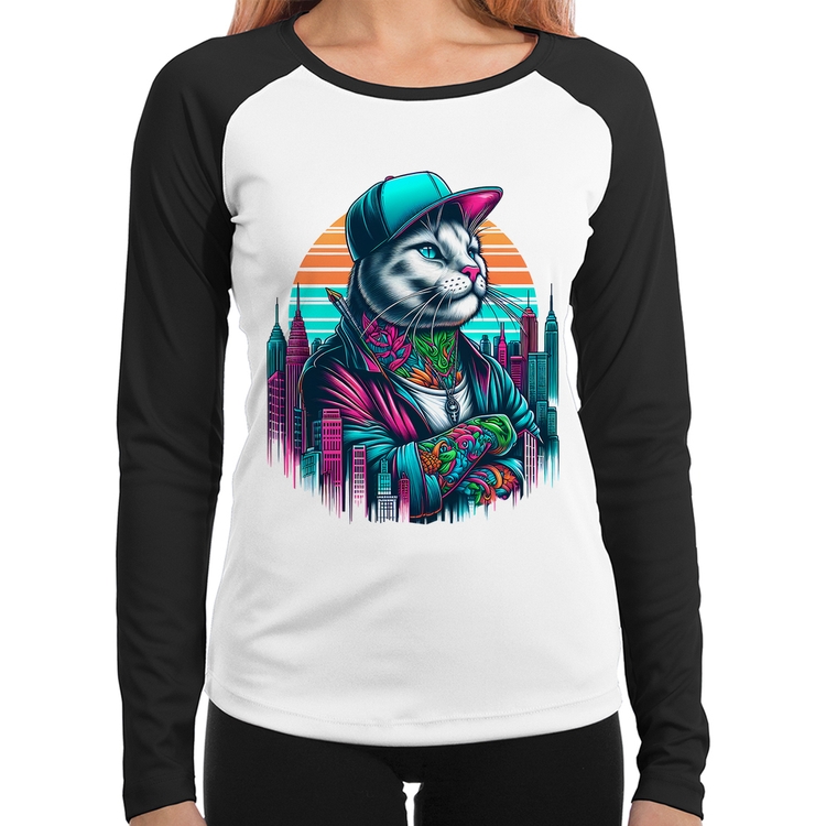 Baby Look Raglan Gato Urbano Arte Manga Longa