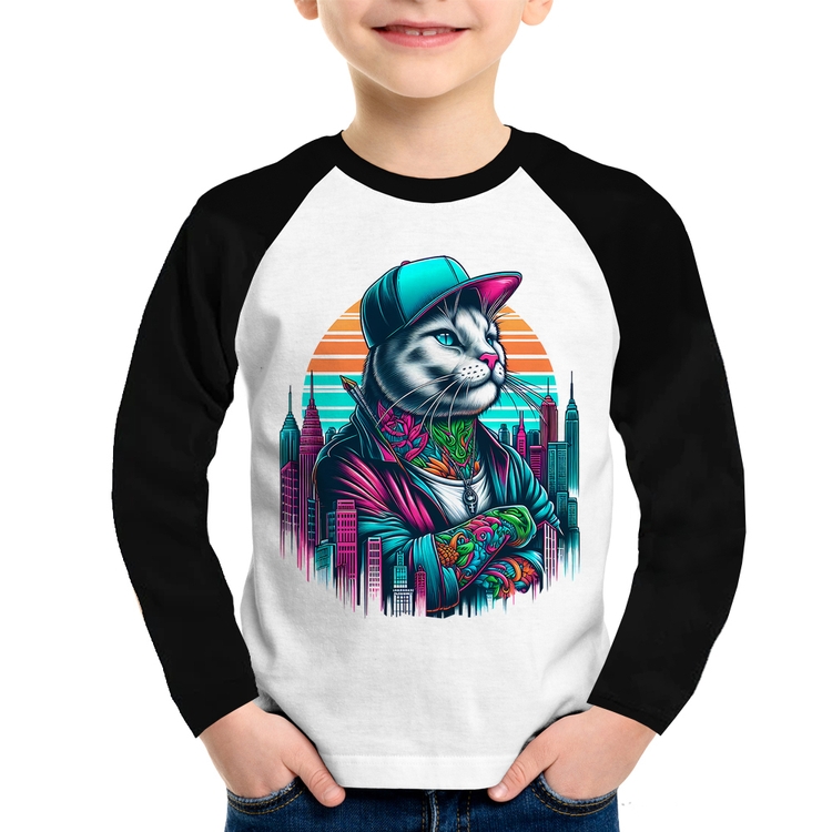Camiseta Raglan Infantil Gato Urbano Arte Manga Longa