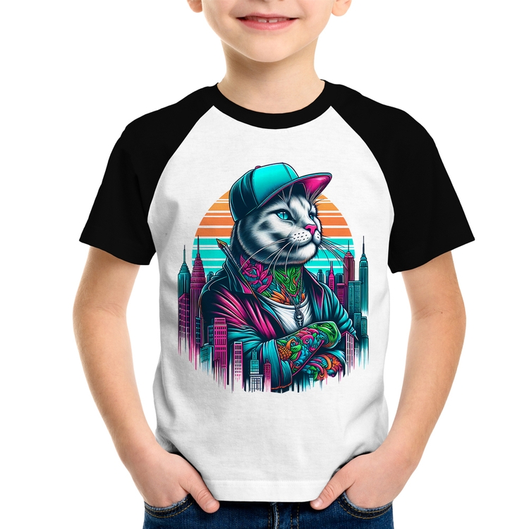 Camiseta Raglan Infantil Gato Urbano Arte