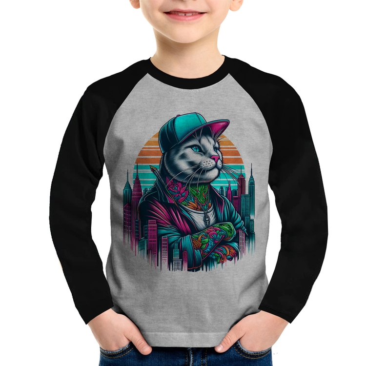 Camiseta Raglan Infantil Gato Urbano Arte Manga Longa - Cinza/Preto