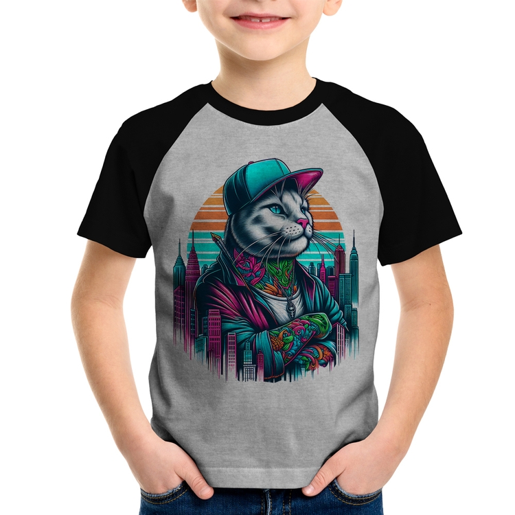 Camiseta Raglan Infantil Gato Urbano Arte - Cinza/Preto