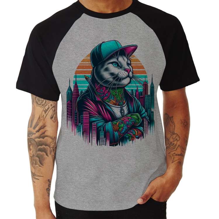 Camiseta Raglan Gato Urbano Arte - Cinza/Preto