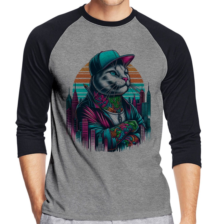 Camiseta Raglan Gato Urbano Arte Manga 3/4 - Cinza/Preto