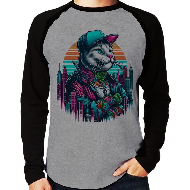 Camiseta Raglan Gato Urbano Arte Manga Longa - Cinza/Preto