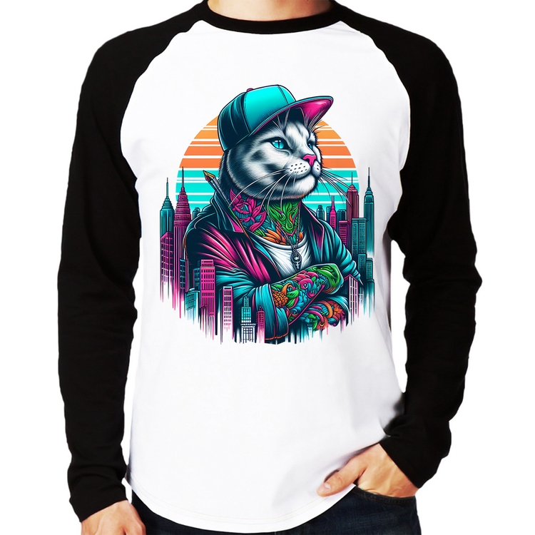 Camiseta Raglan Gato Urbano Arte Manga Longa