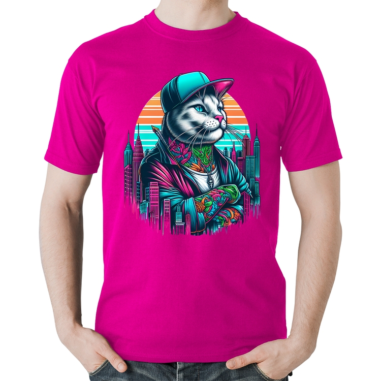 Camiseta Algodão Gato Urbano Arte - Rosa