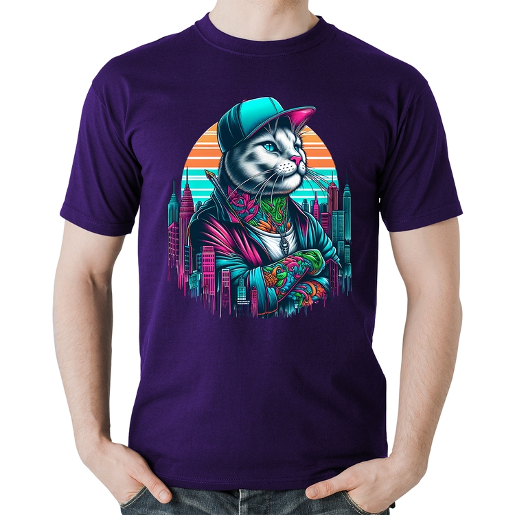 Camiseta Algodão Gato Urbano Arte - Roxa