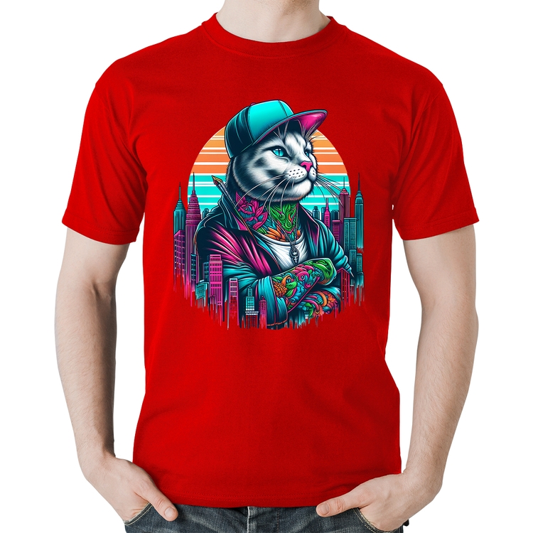 Camiseta Algodão Gato Urbano Arte - Vermelha