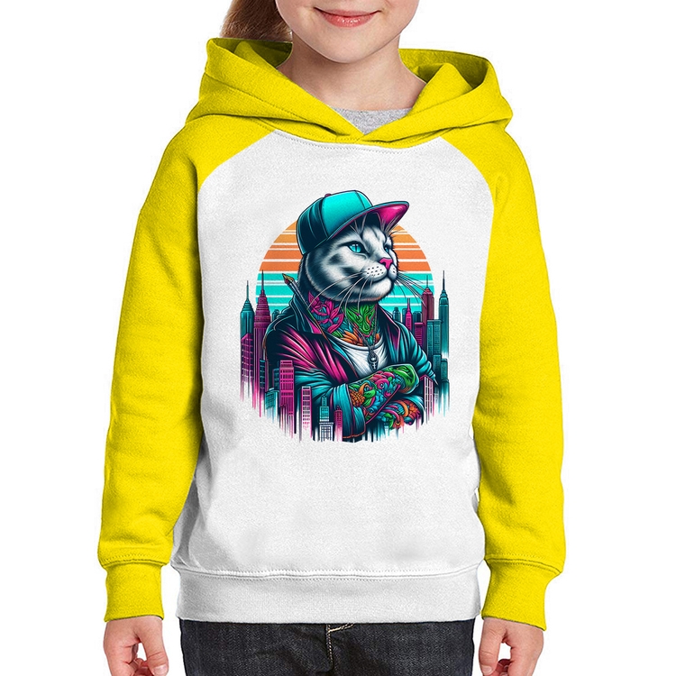 Moletom Infantil Gato Urbano Arte - Branco/Amarelo