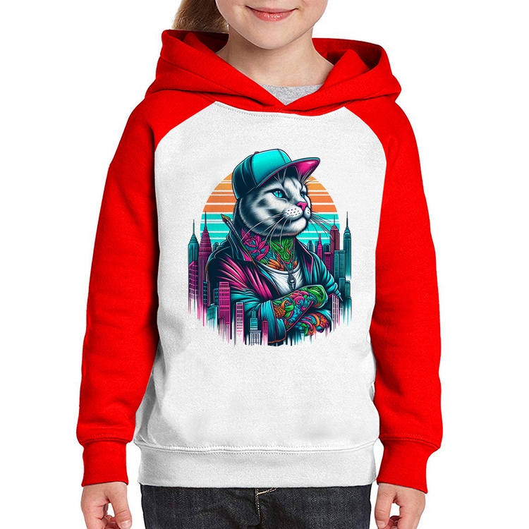 Moletom Infantil Gato Urbano Arte - Branco/Vermelho