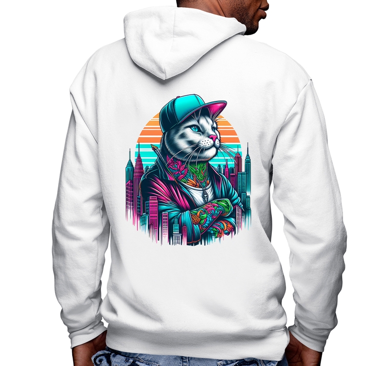 Blusa Moletom Gato Urbano Arte Masculina com Capuz e Zíper - Branca