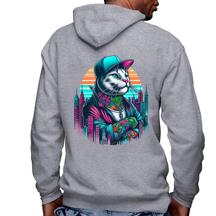 Blusa Moletom Gato Urbano Arte Masculina com Capuz e Zíper - Mescla