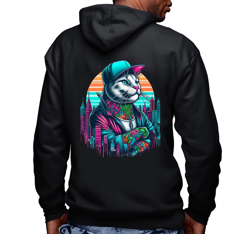 Blusa Moletom Gato Urbano Arte Masculina com Capuz e Zíper