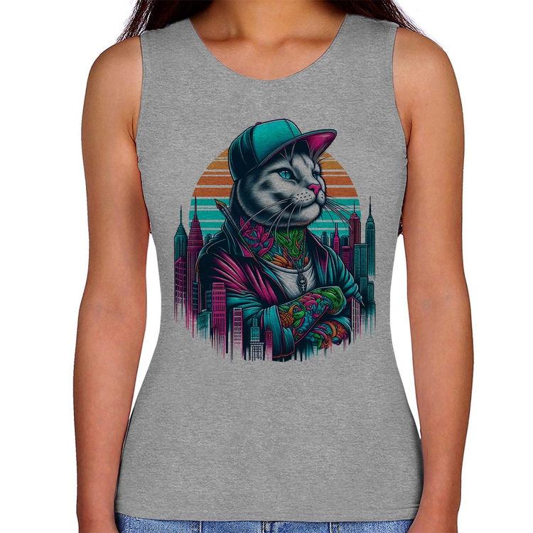 Regata Feminina Gato Urbano Arte - Cinza