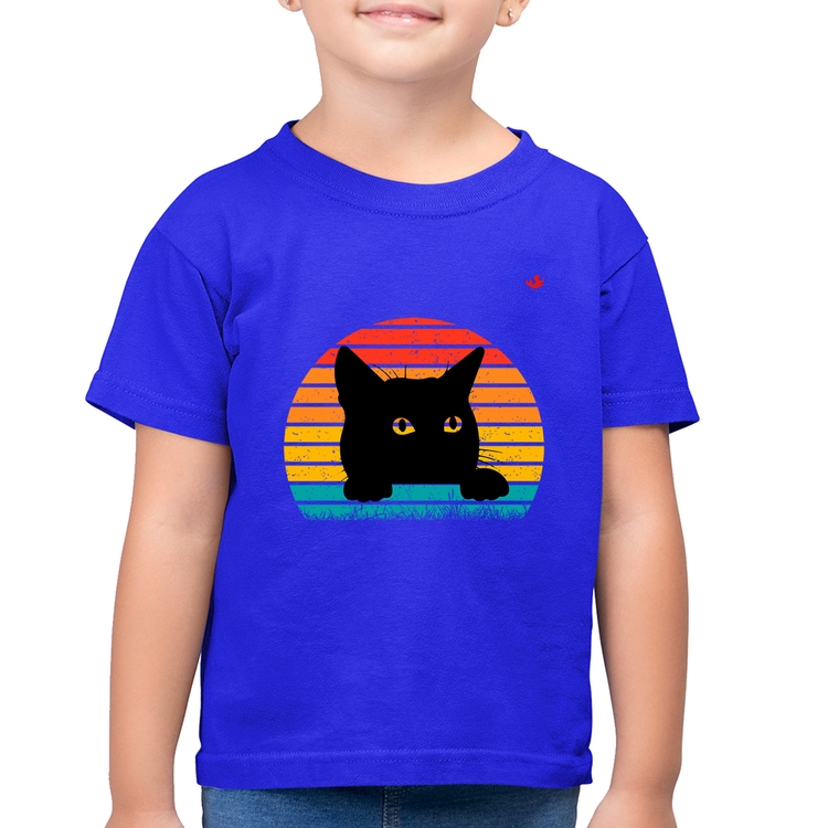 Camiseta Algodão Infantil Gato Vintage Sunset - Azul Royal