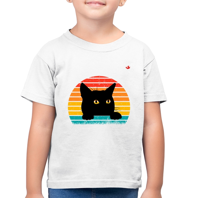 Camiseta Algodão Infantil Gato Vintage Sunset - Branca