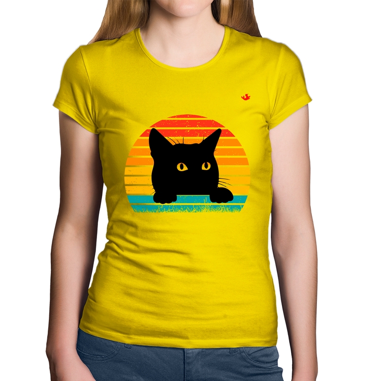 Baby Look Algodão Gato Vintage Sunset - Amarela