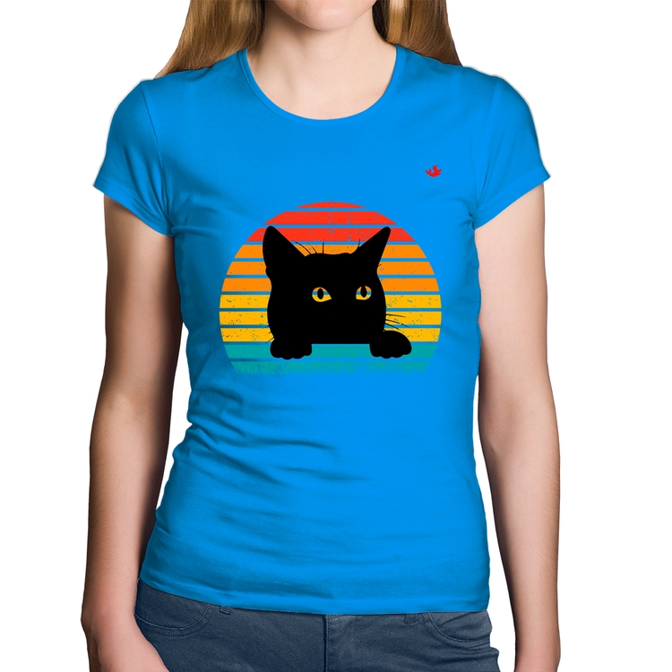 Baby Look Algodão Gato Vintage Sunset - Azul