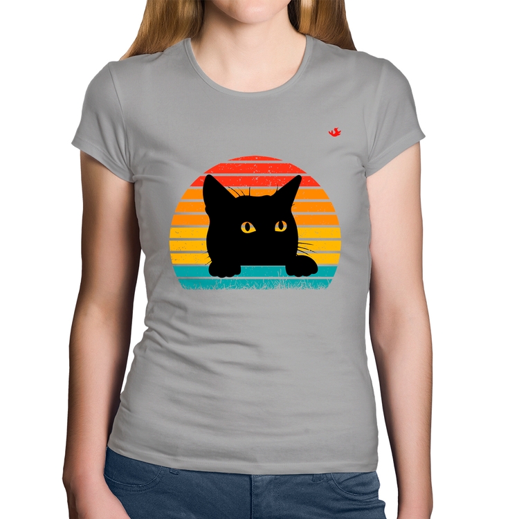 Baby Look Algodão Gato Vintage Sunset - Cinza