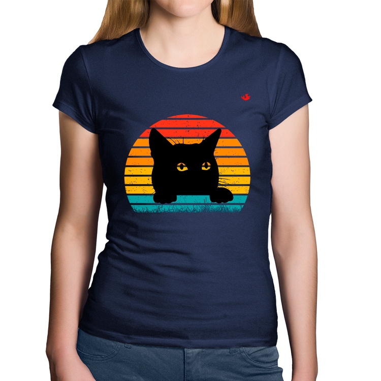 Baby Look Algodão Gato Vintage Sunset - Marinho