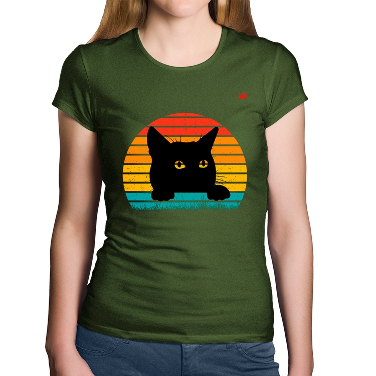 Baby Look Algodão Gato Vintage Sunset - Musgo