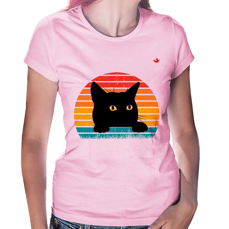 Baby Look Gato Vintage Sunset - Rosa Bebê