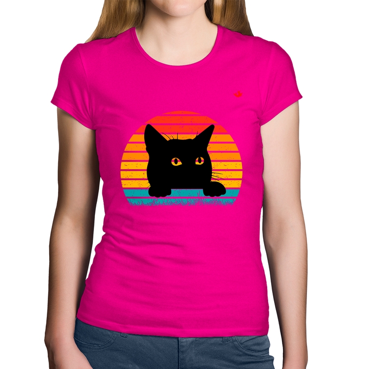 Baby Look Algodão Gato Vintage Sunset - Rosa