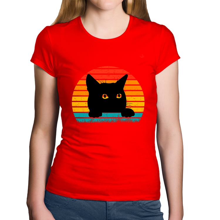 Baby Look Algodão Gato Vintage Sunset - Vermelha