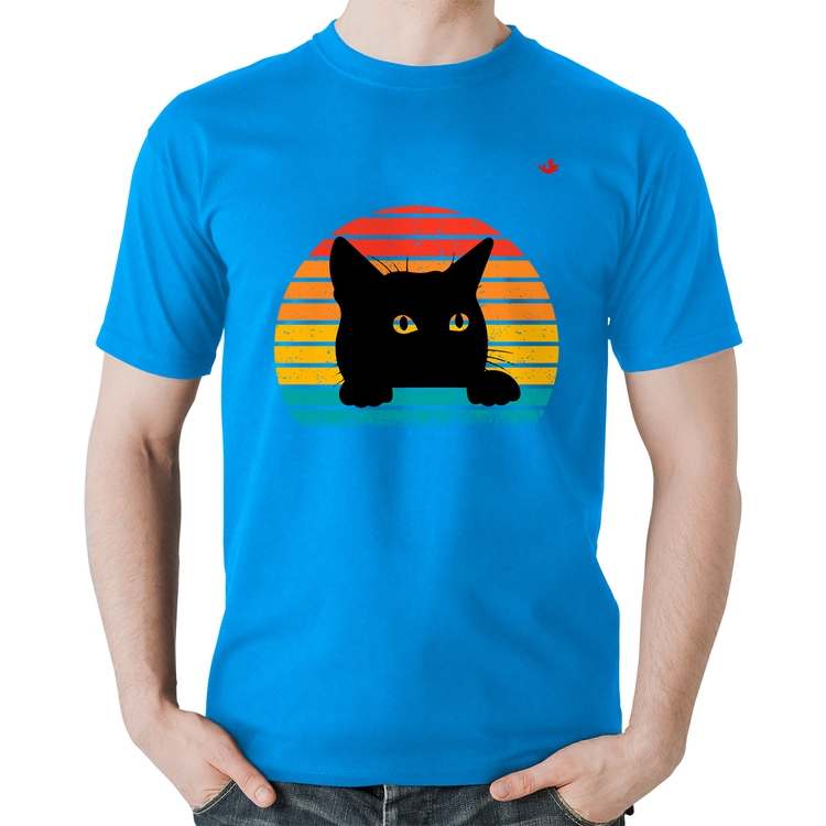 Camiseta Algodão Gato Vintage Sunset - Azul