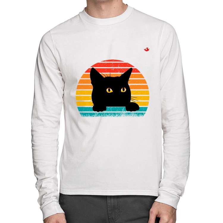 Camiseta Algodão Gato Vintage Sunset Manga Longa - Branca