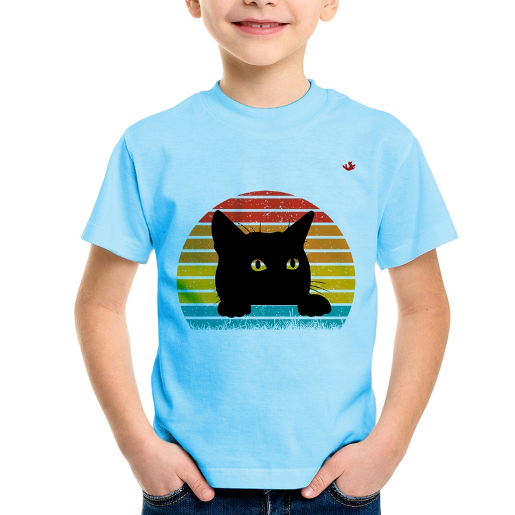 Camiseta Infantil Gato Vintage Sunset - Azul Bebê