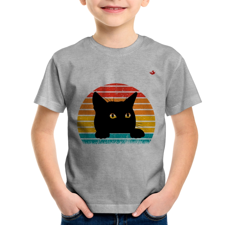 Camiseta Infantil Gato Vintage Sunset - Cinza
