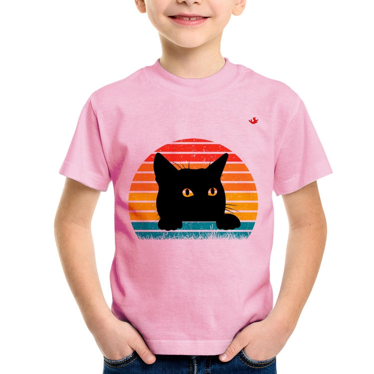 Camiseta Infantil Gato Vintage Sunset - Rosa Bebê
