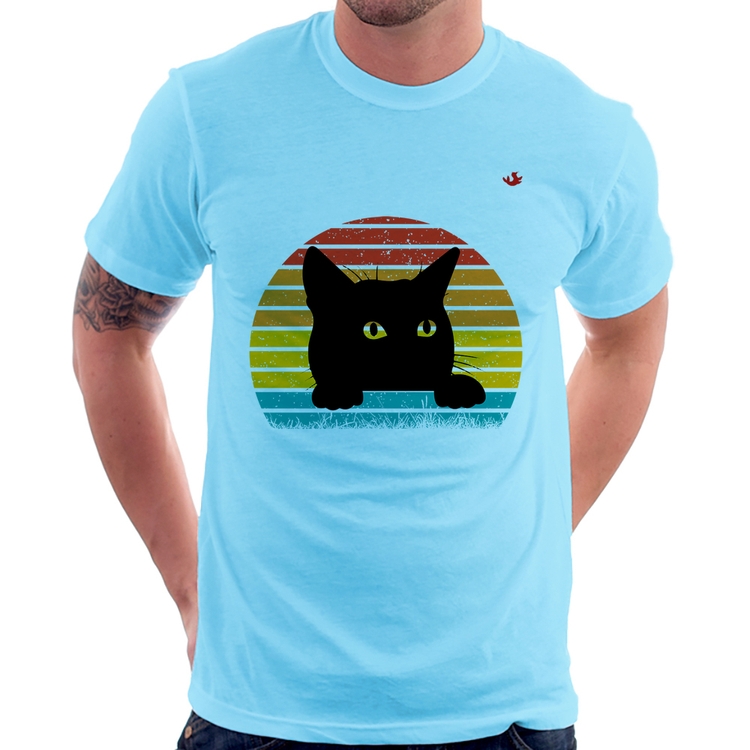 Camiseta Gato Vintage Sunset - Azul Bebê