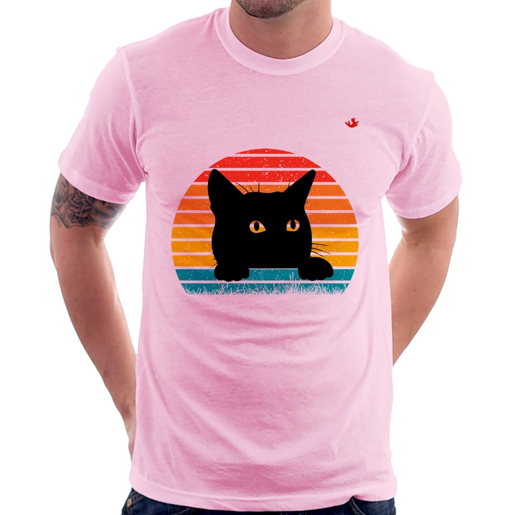 Camiseta Gato Vintage Sunset - Rosa Bebê