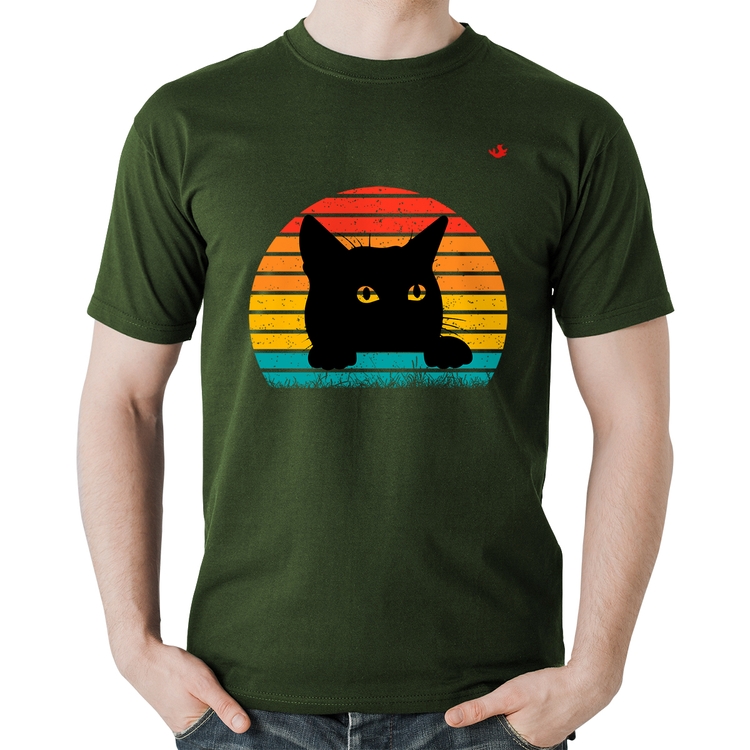 Camiseta Algodão Gato Vintage Sunset - Musgo