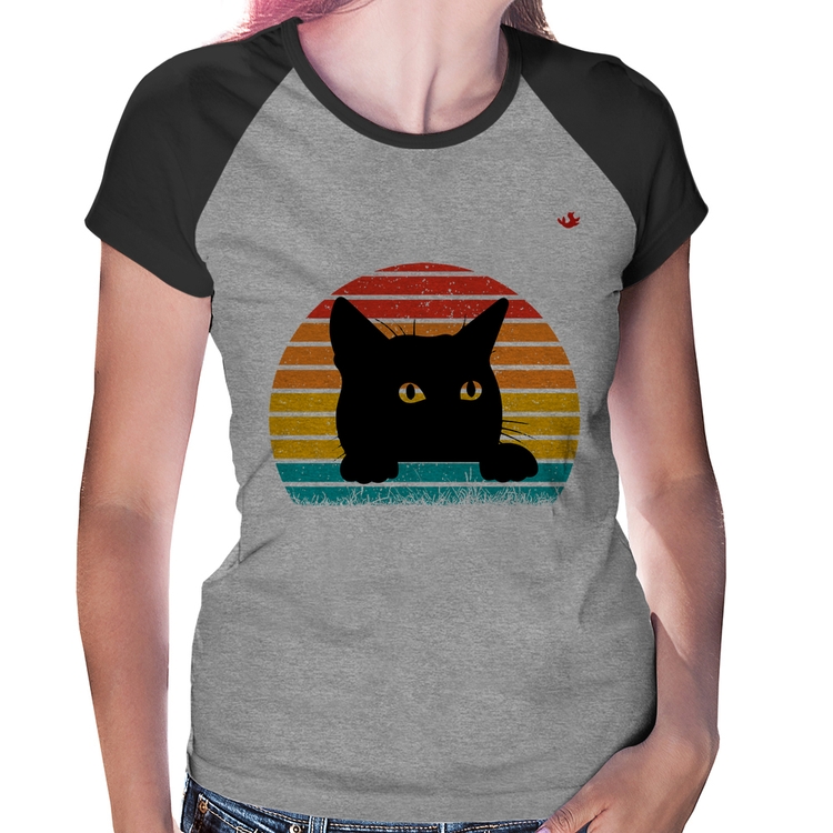 Baby Look Raglan Gato Vintage Sunset - Cinza/Preto