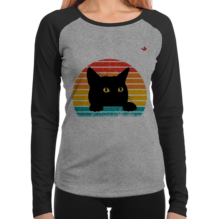 Baby Look Raglan Gato Vintage Sunset Manga Longa - Cinza/Preto