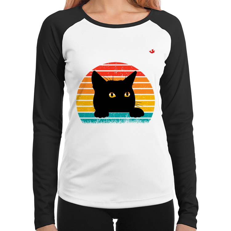 Baby Look Raglan Gato Vintage Sunset Manga Longa