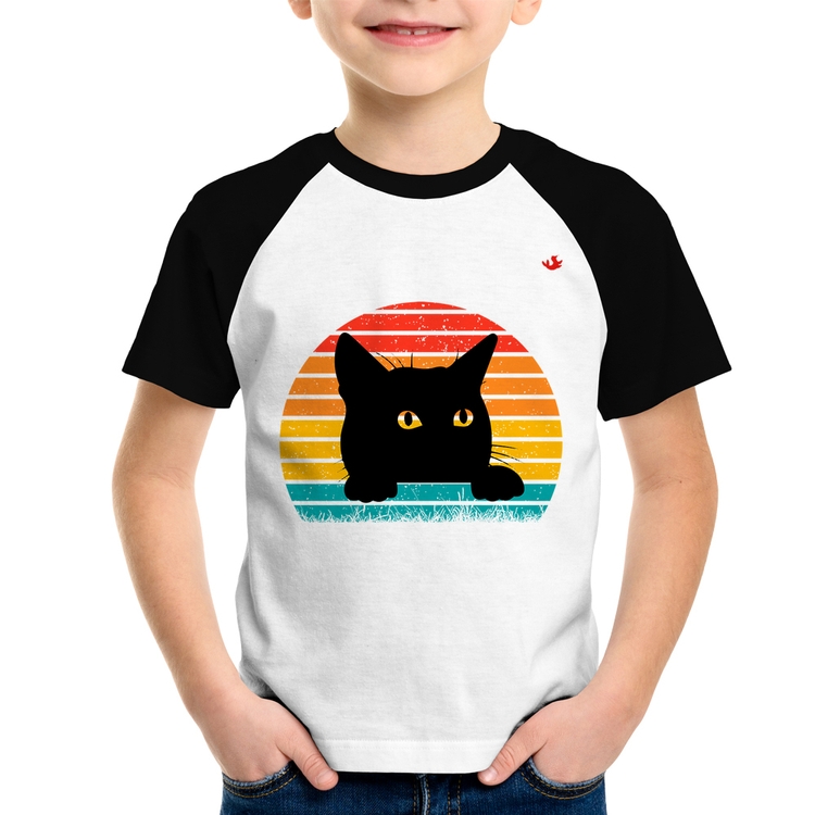 Camiseta Raglan Infantil Gato Vintage Sunset