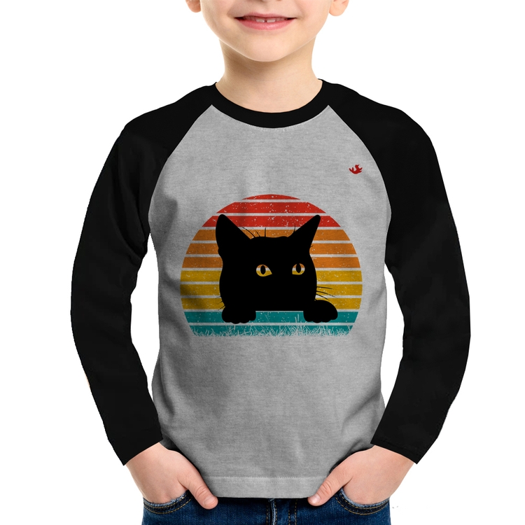 Camiseta Raglan Infantil Gato Vintage Sunset Manga Longa - Cinza/Preto