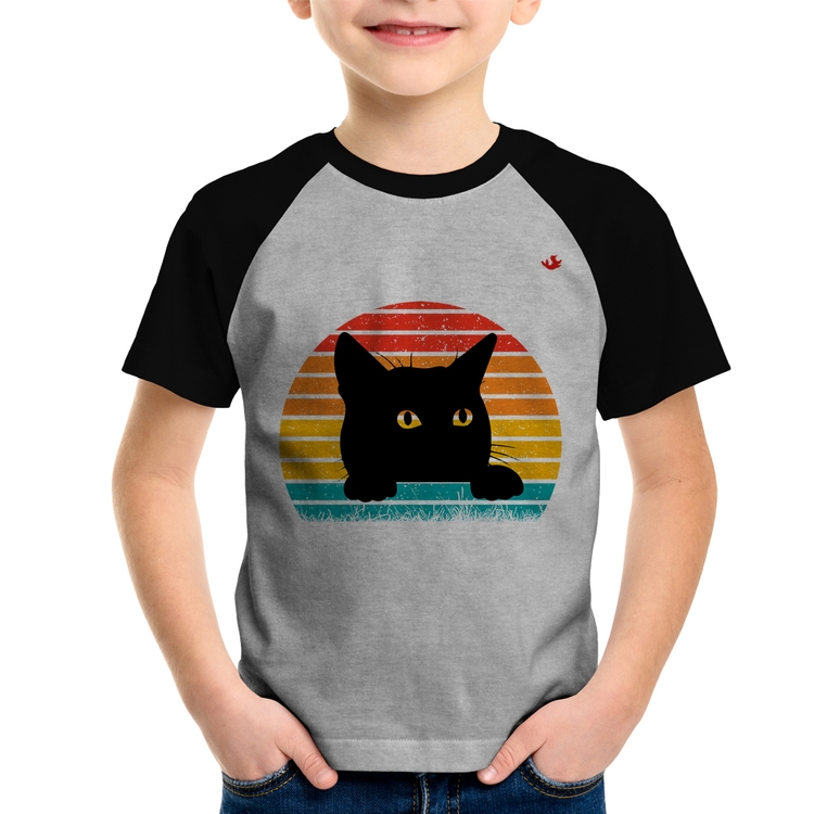 Camiseta Raglan Infantil Gato Vintage Sunset - Cinza/Preto