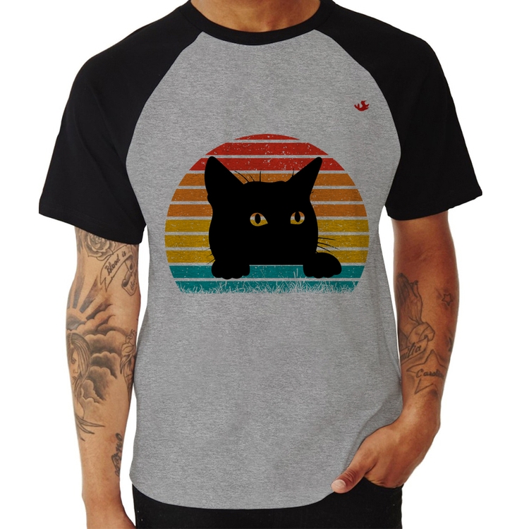 Camiseta Raglan Gato Vintage Sunset - Cinza/Preto