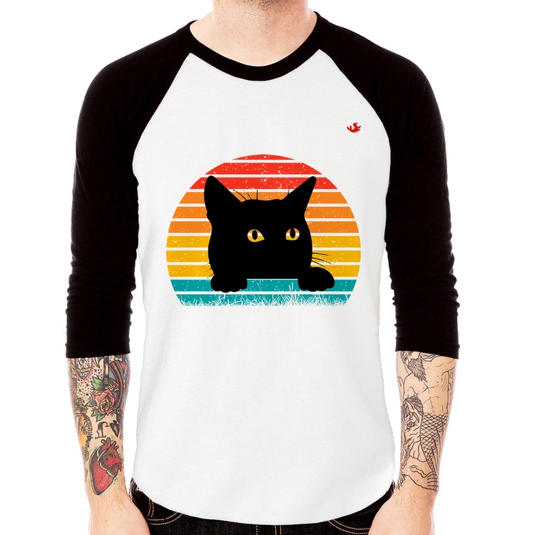 Camiseta Raglan Gato Vintage Sunset Manga 3/4