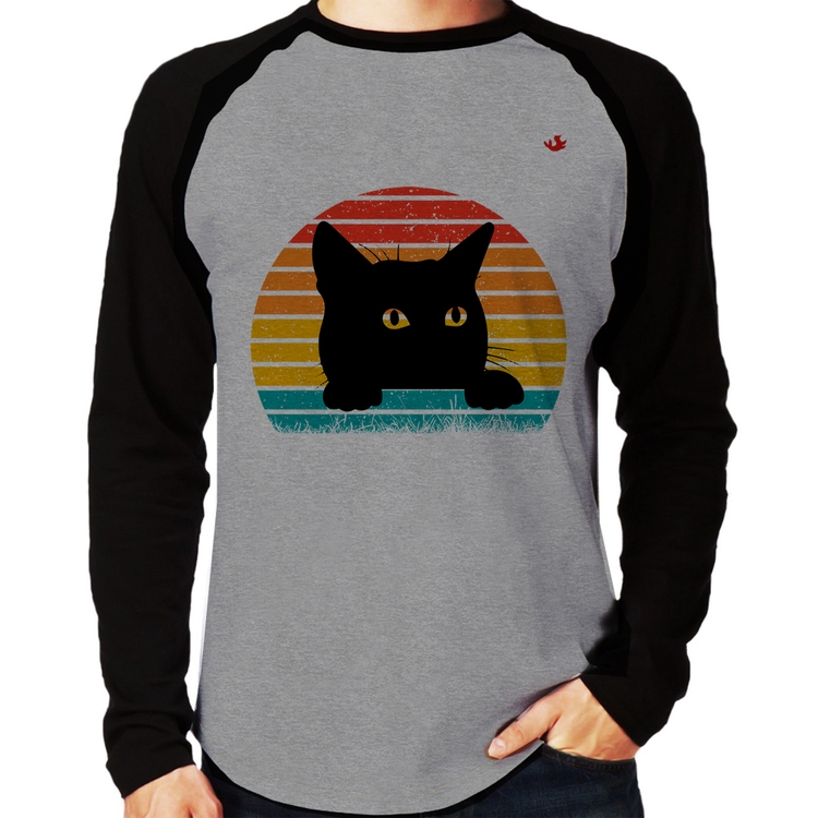 Camiseta Raglan Gato Vintage Sunset Manga Longa - Cinza/Preto