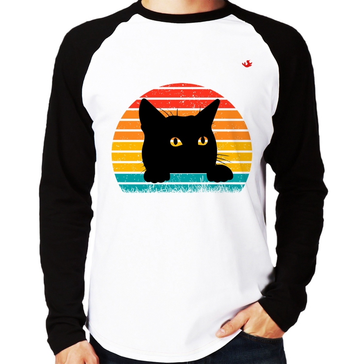 Camiseta Raglan Gato Vintage Sunset Manga Longa