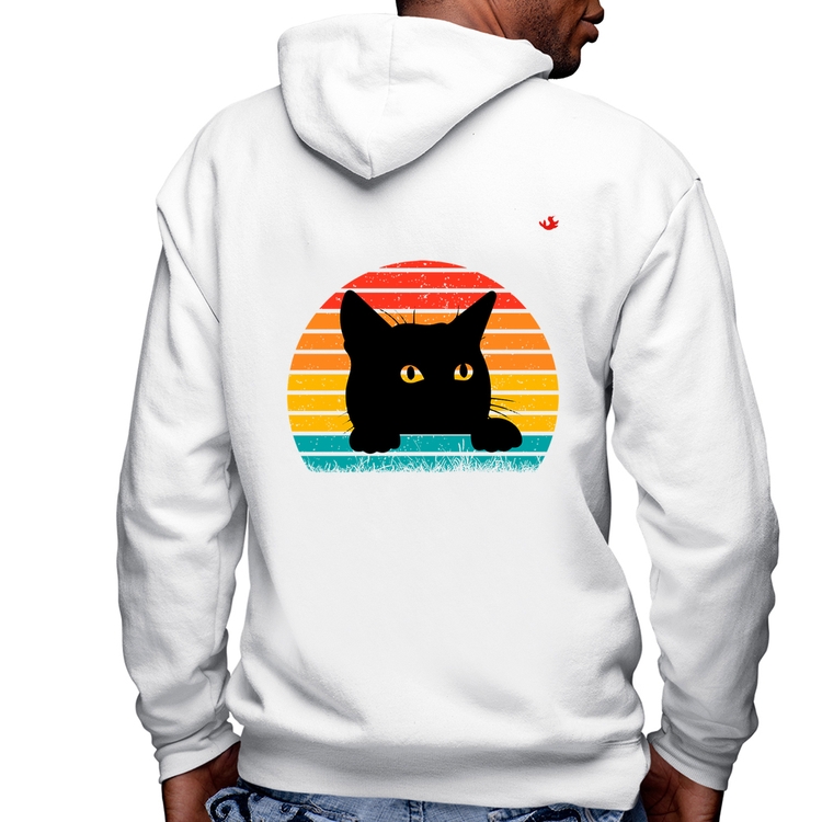 Blusa Moletom Gato Vintage Sunset Masculina com Capuz e Zíper - Branca