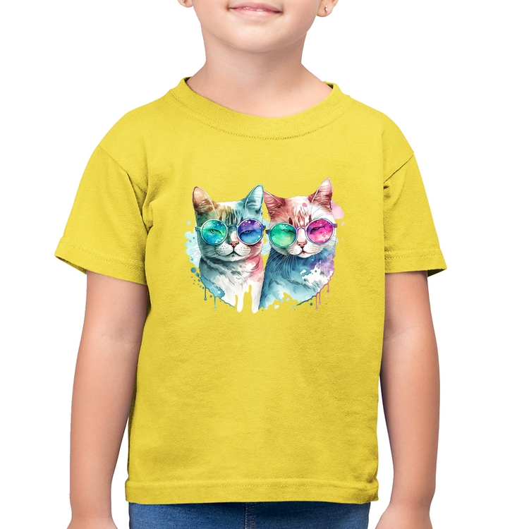 Camiseta Algodão Infantil Gatos de óculos - Amarelo Canário
