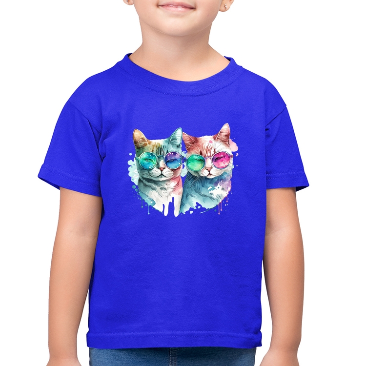 Camiseta Algodão Infantil Gatos de óculos - Azul Royal
