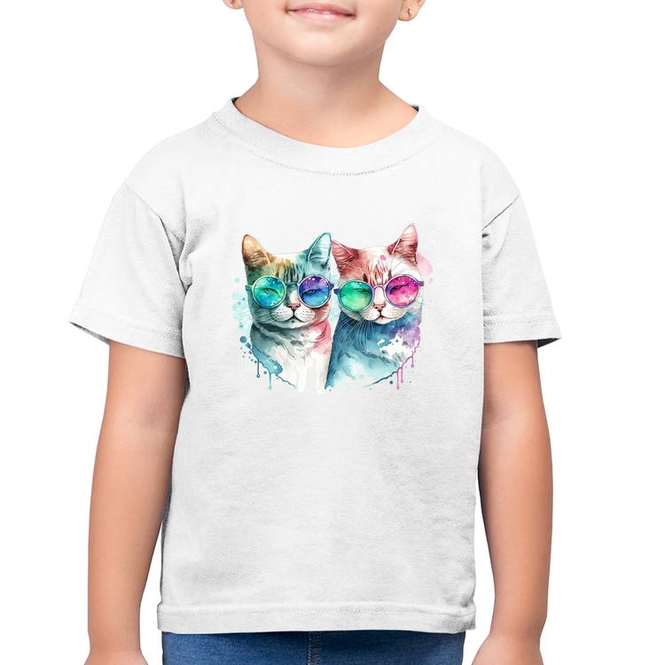 Camiseta Algodão Infantil Gatos de óculos - Branca